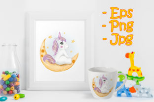 Adorable Baby Unicorn Sitting in Moon Illustrations
