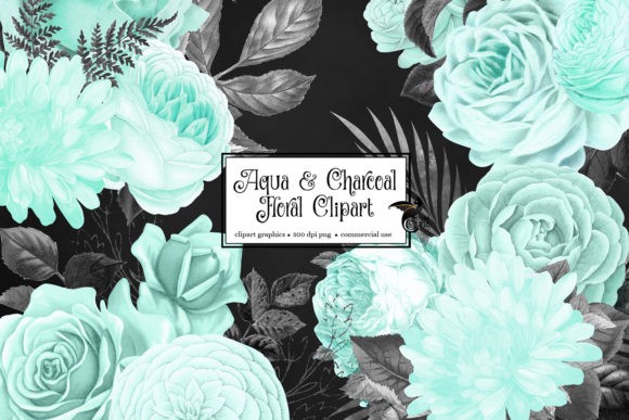 Aqua and Charcoal Floral Clipart for Illustrations