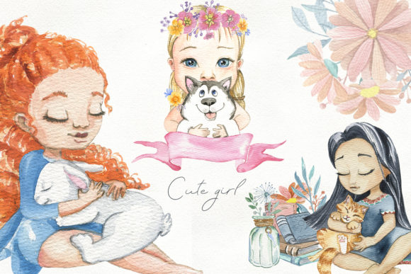 Cute Girls with Pet: A Versatile Illustration for Creative Projects