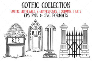 Gothic Gravestones, Column, and Gate Illustrations