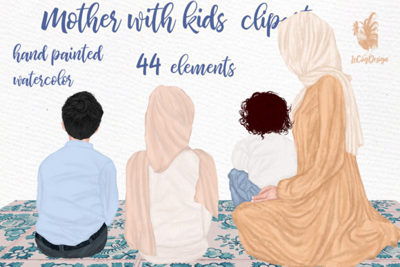 Muslim Mother and Children Clipart and Illustrations