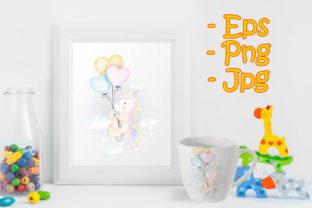 Unicorns Fly with Heart Balloon Illustrations